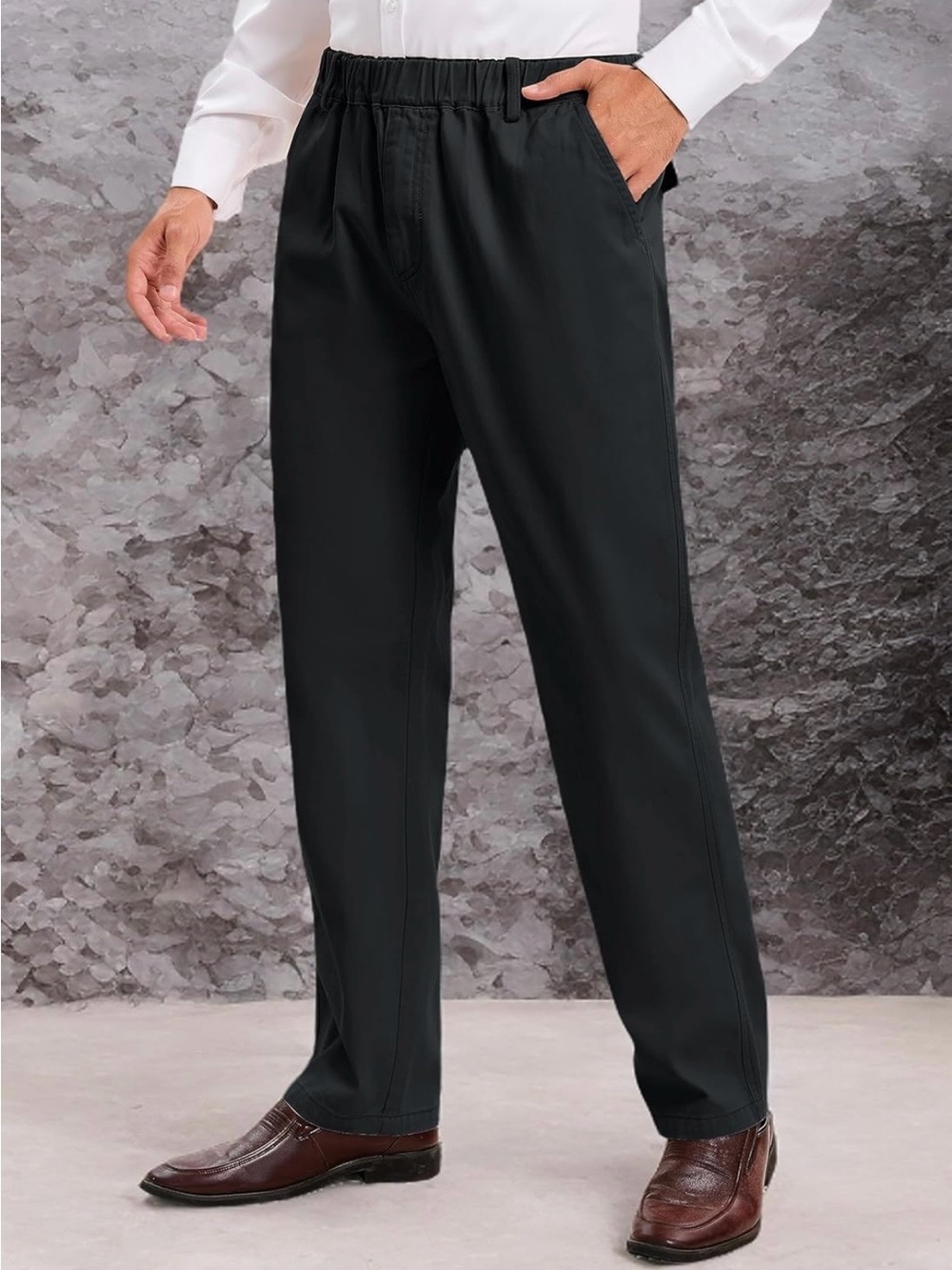 Voeeron Black Elastic-Waist Casual Chinos Relaxed Twin Cotton pants 42W x 30L